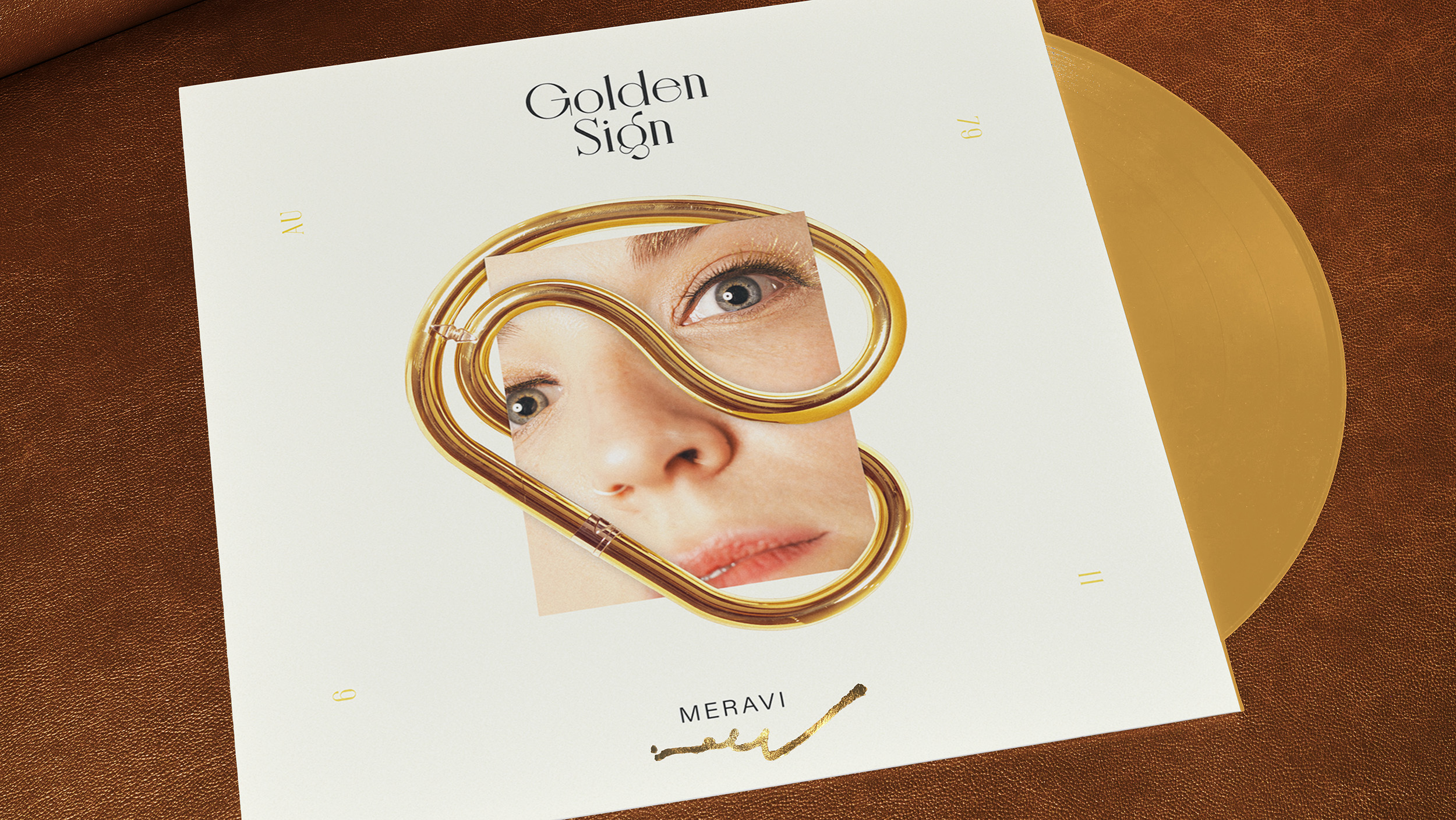 Golden Sign vinyl sleeve designed by Yvonne Hartmann and signed by Meravi with leaf gold